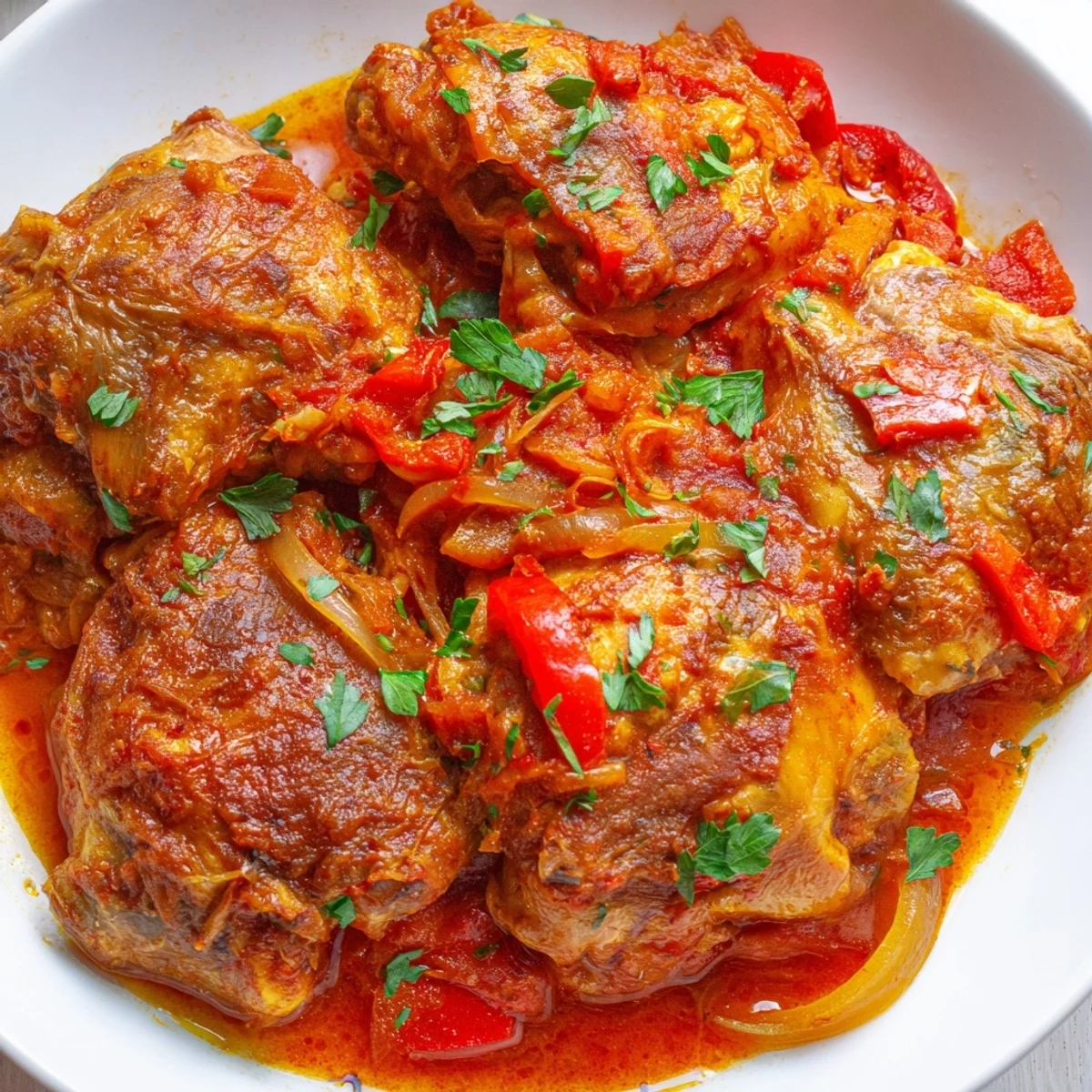 Tender Senegalese chicken served over fluffy white rice with aromatic spices