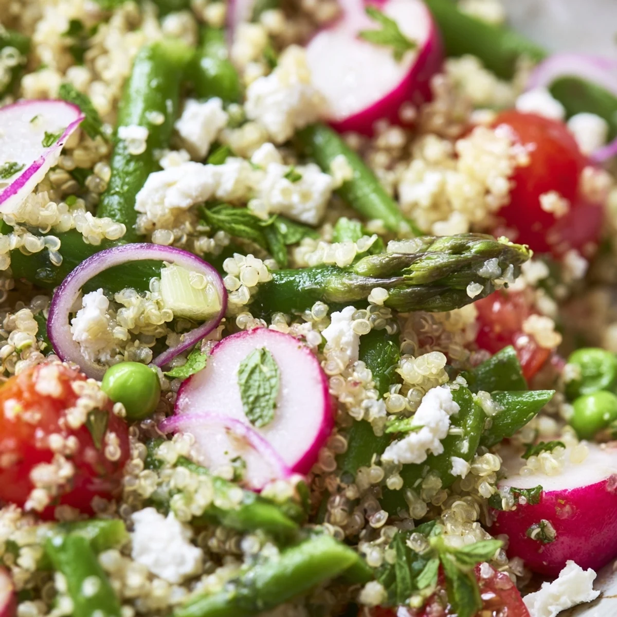 Spring Vegetable Quinoa Salad in a white bowl with crisp asparagus and radishes