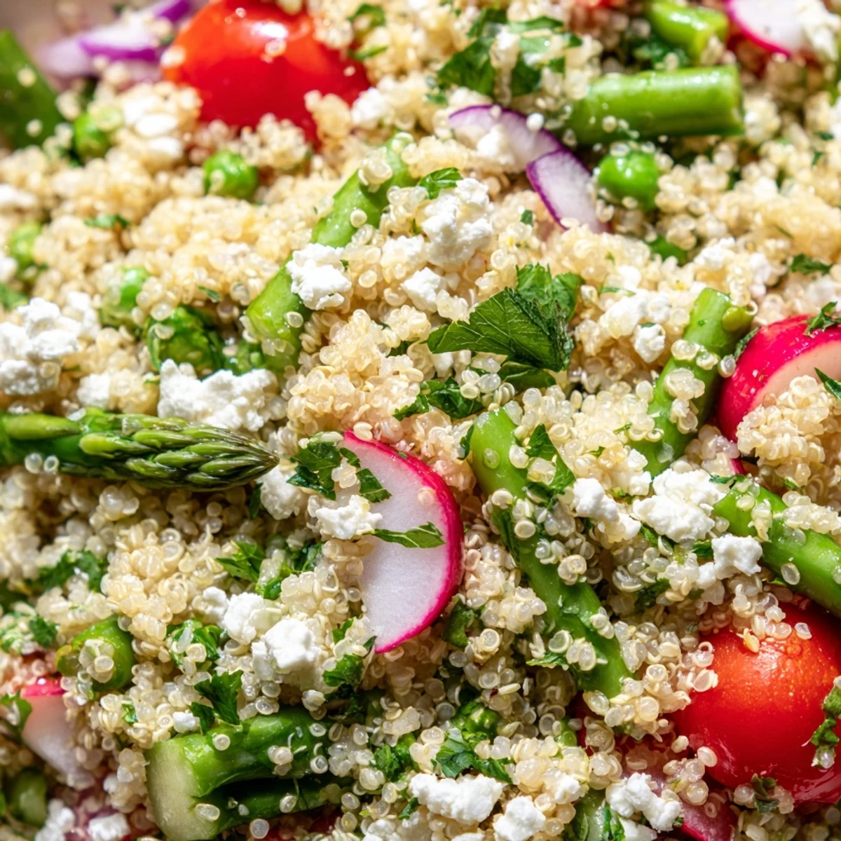 Colorful Spring Vegetable Quinoa Salad topped with crumbled feta and fresh herbs