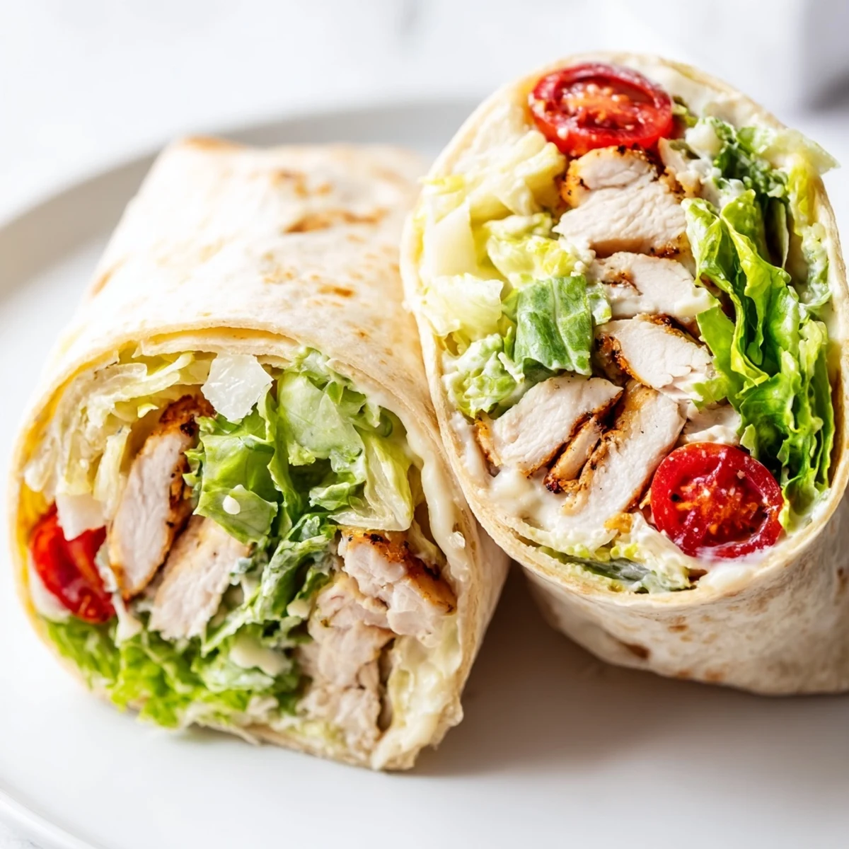 Golden grilled chicken Caesar wraps with crisp romaine and creamy dressing in soft tortillas