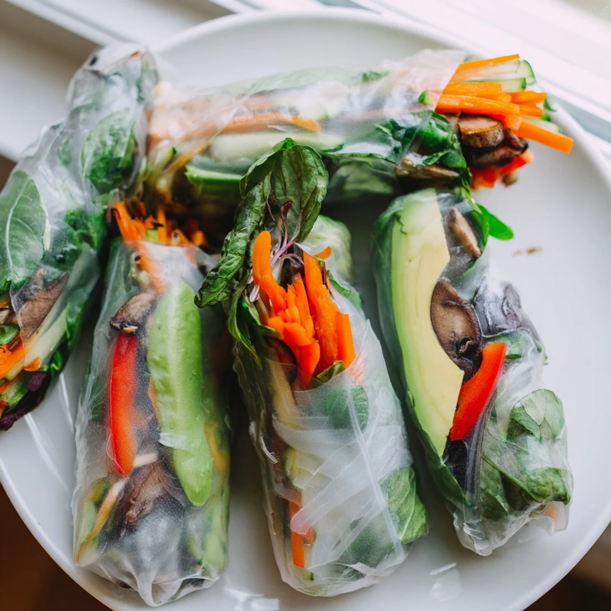 Avocado Shiitake Spring Rolls sliced in half revealing colorful vegetables inside translucent rice paper