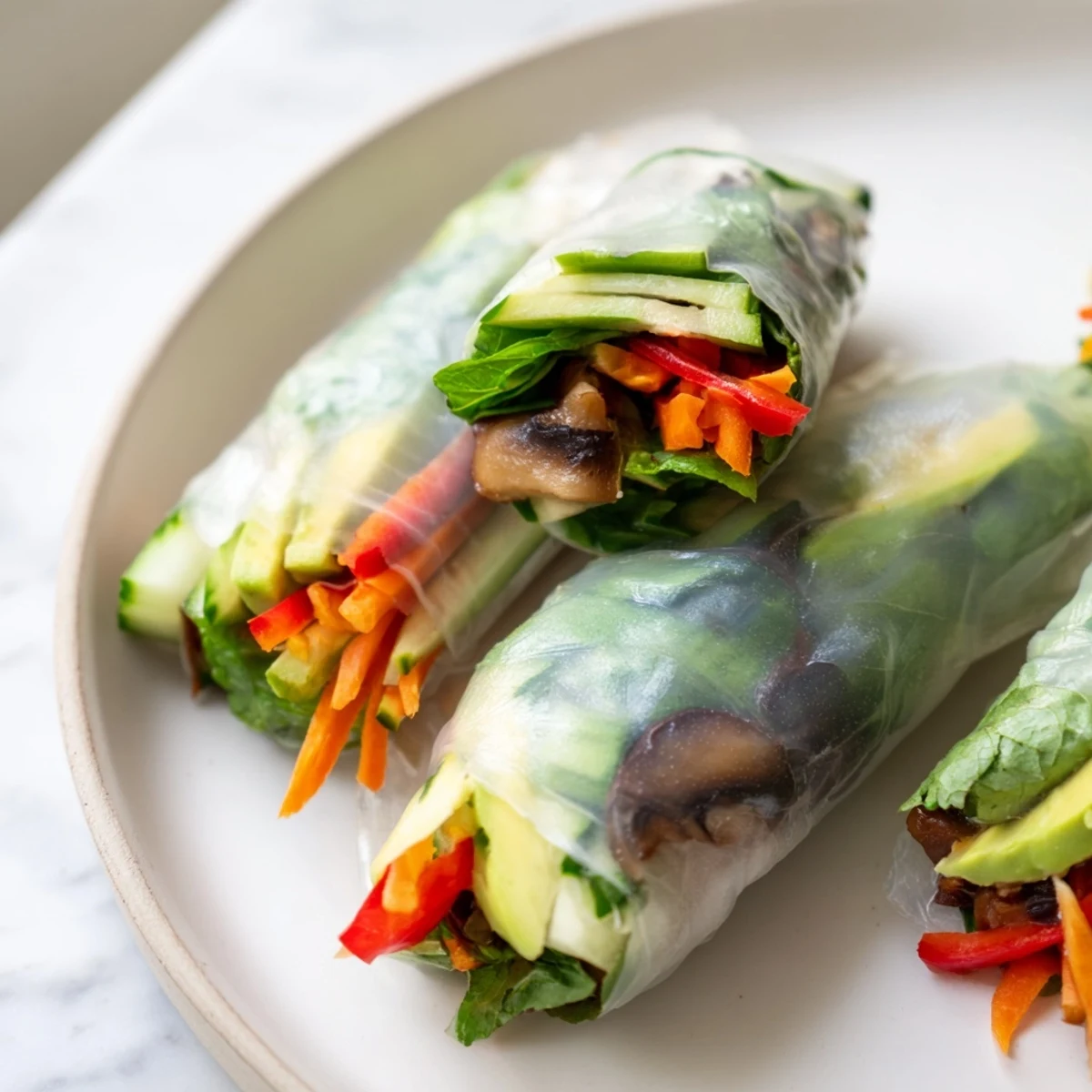 Fresh Avocado Shiitake Spring Rolls served with dipping sauce on a white ceramic plate