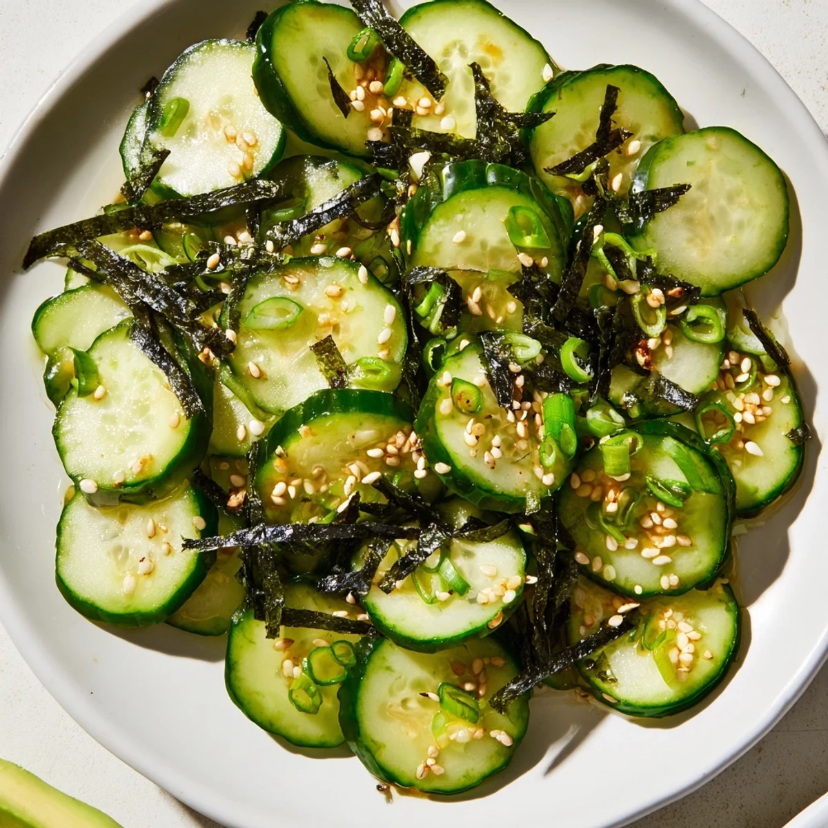 Fresh Sushi Cucumber Salad topped with toasted nori and sprinkled with sesame seeds
