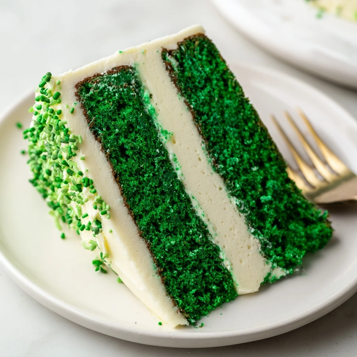 Vibrant Green Velvet Cake with creamy frosting ready for festive St. Patrick's Day celebrations