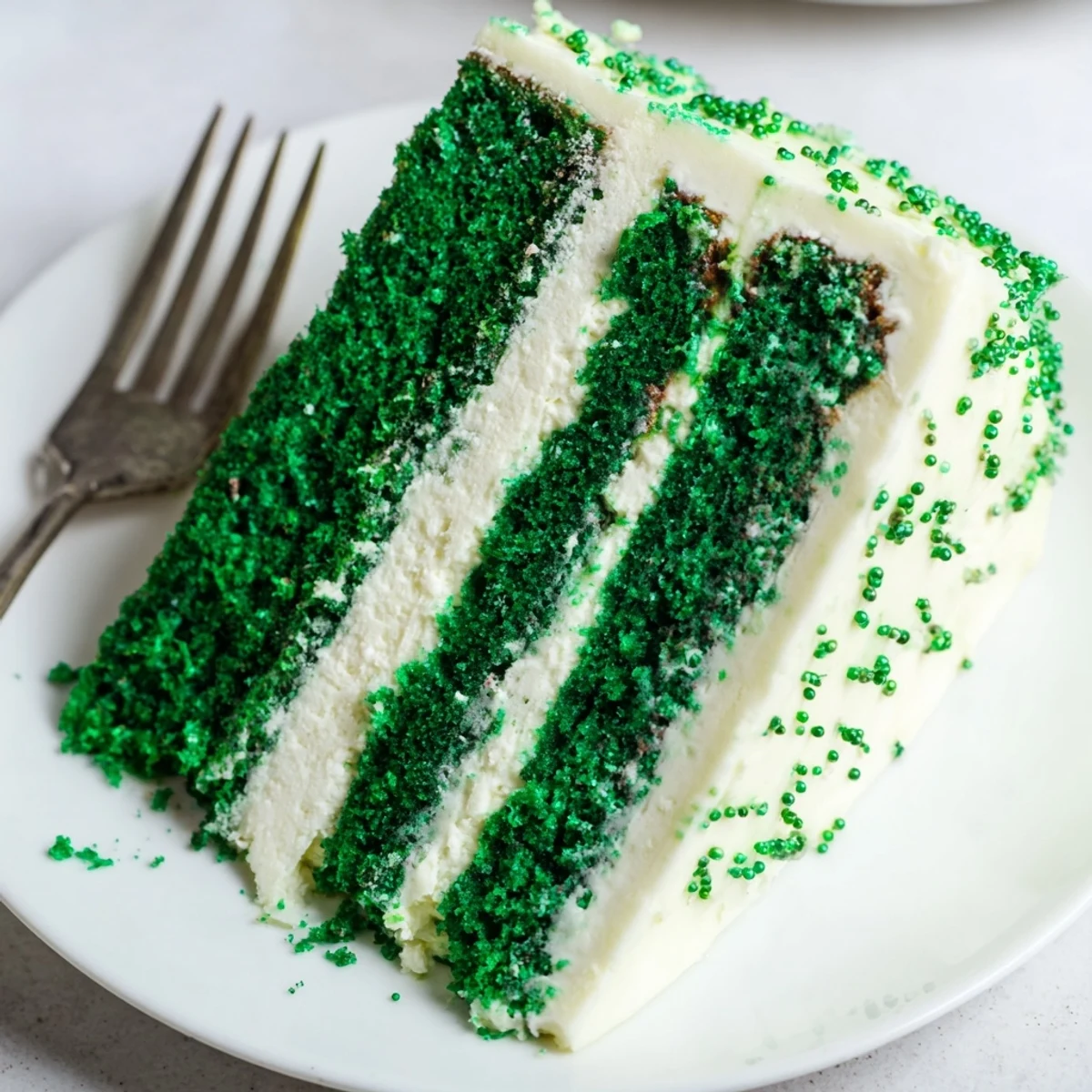 Slice of rich Green Velvet Cake showing emerald crumbs and tangy cream cheese frosting