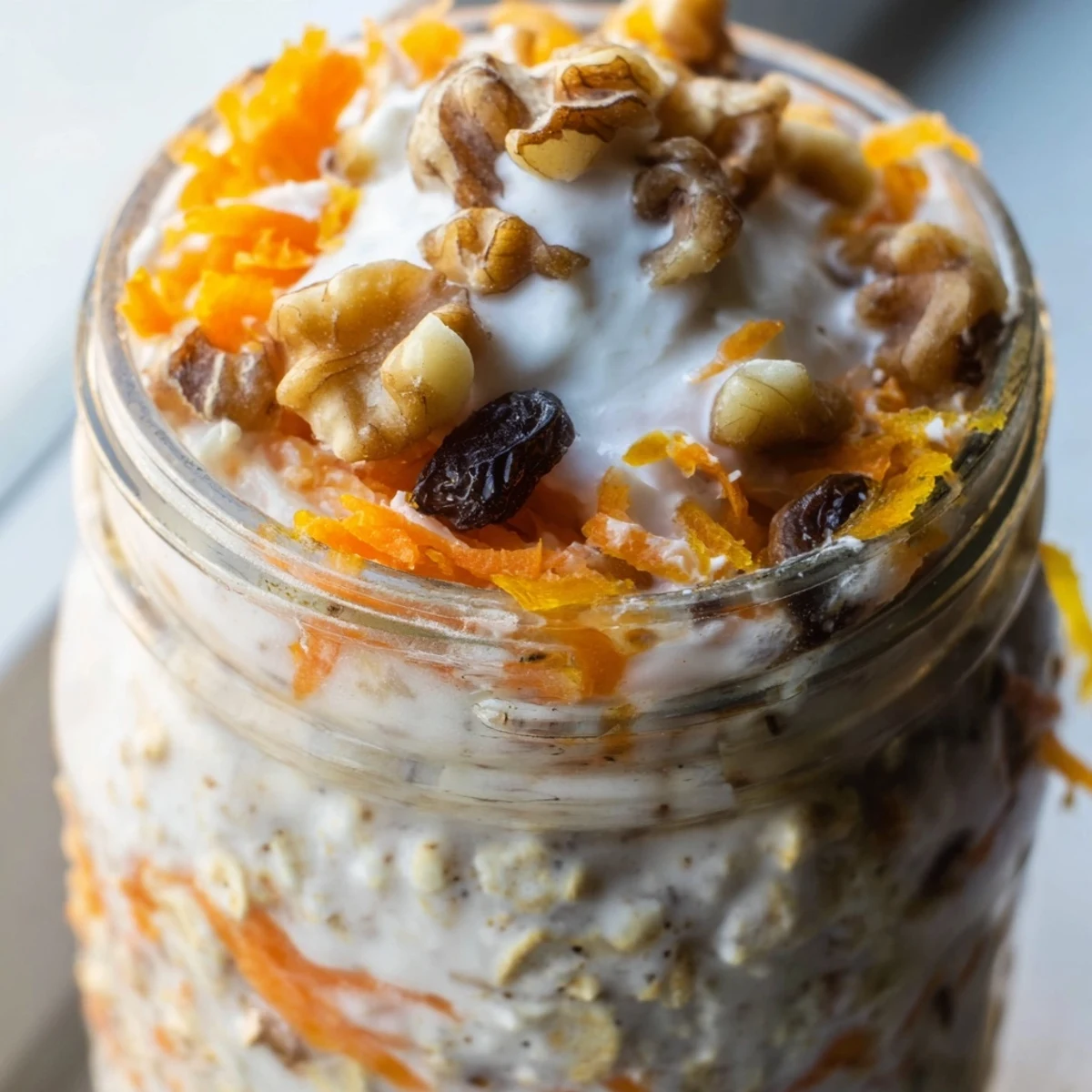 Creamy carrot cake overnight oats topped with crunchy walnuts and a sweet maple drizzle