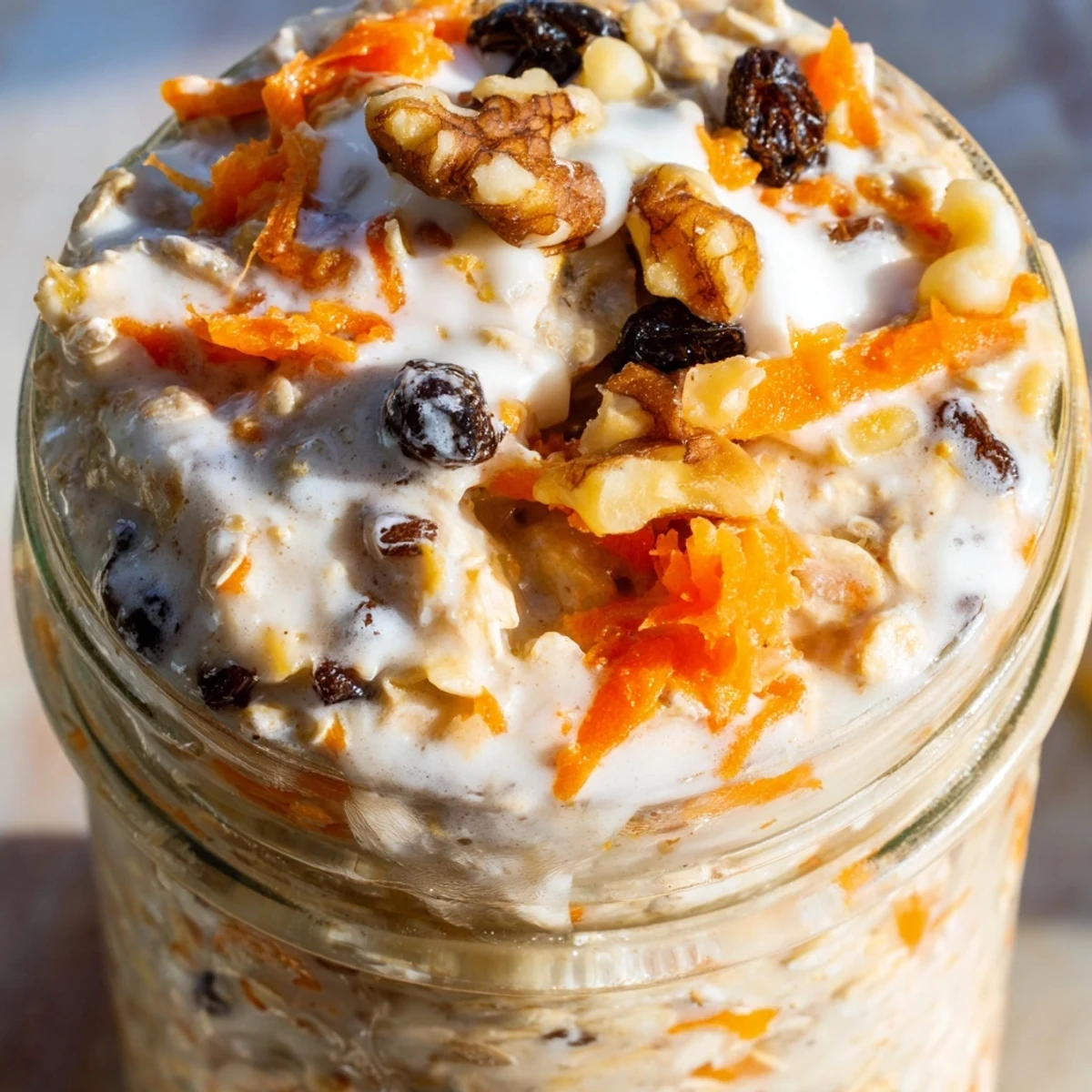 Spiced carrot cake overnight oats served in a mason jar with raisin garnish