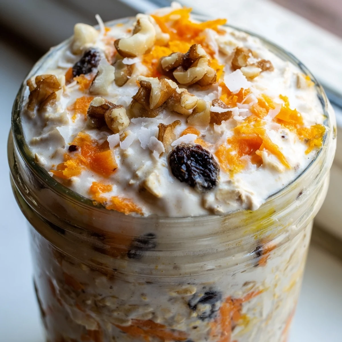 Thick and creamy carrot cake overnight oats with visible grated carrots and cinnamon swirl