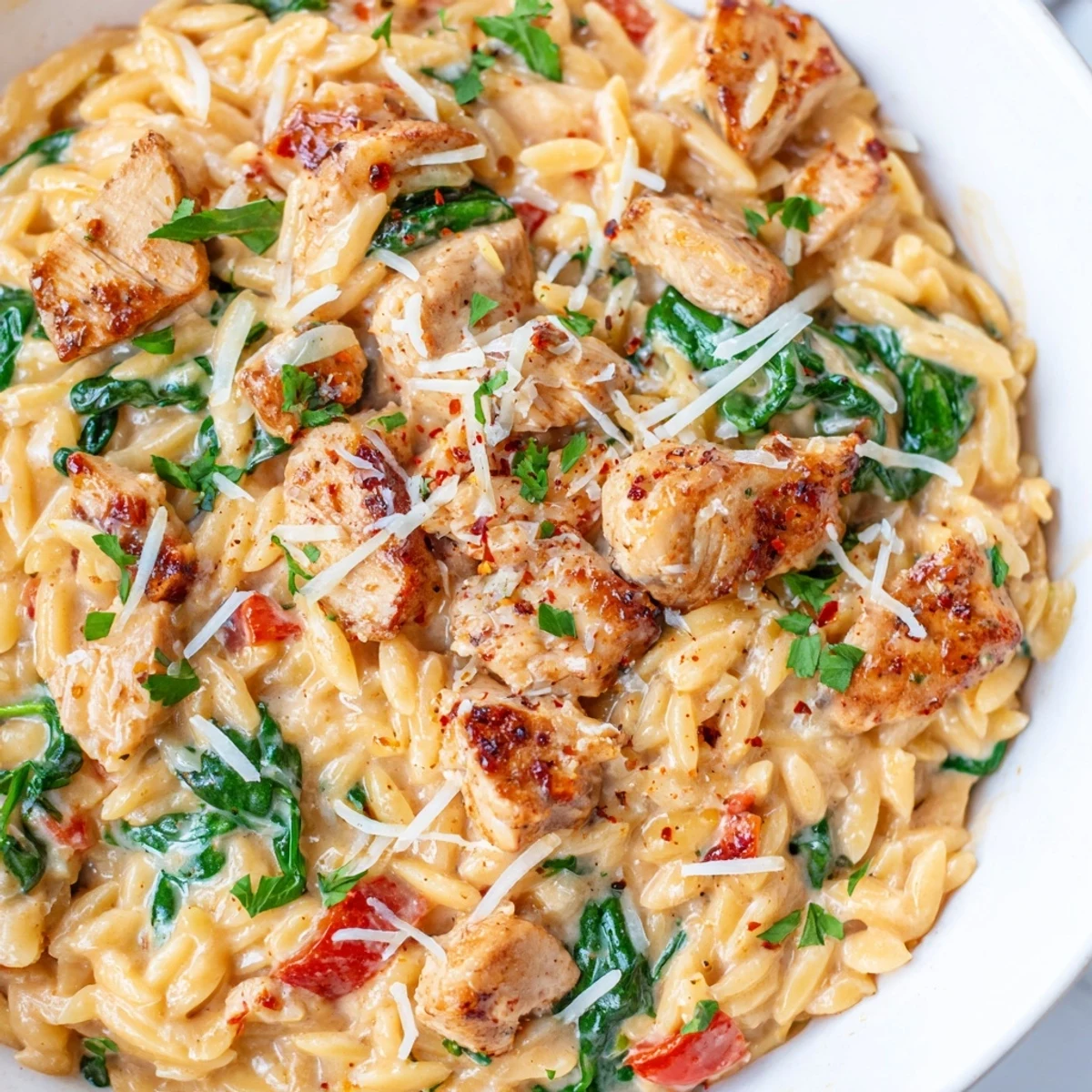 Creamy Cajun Chicken Alfredo Orzo served in a cast iron skillet with fresh parsley garnish