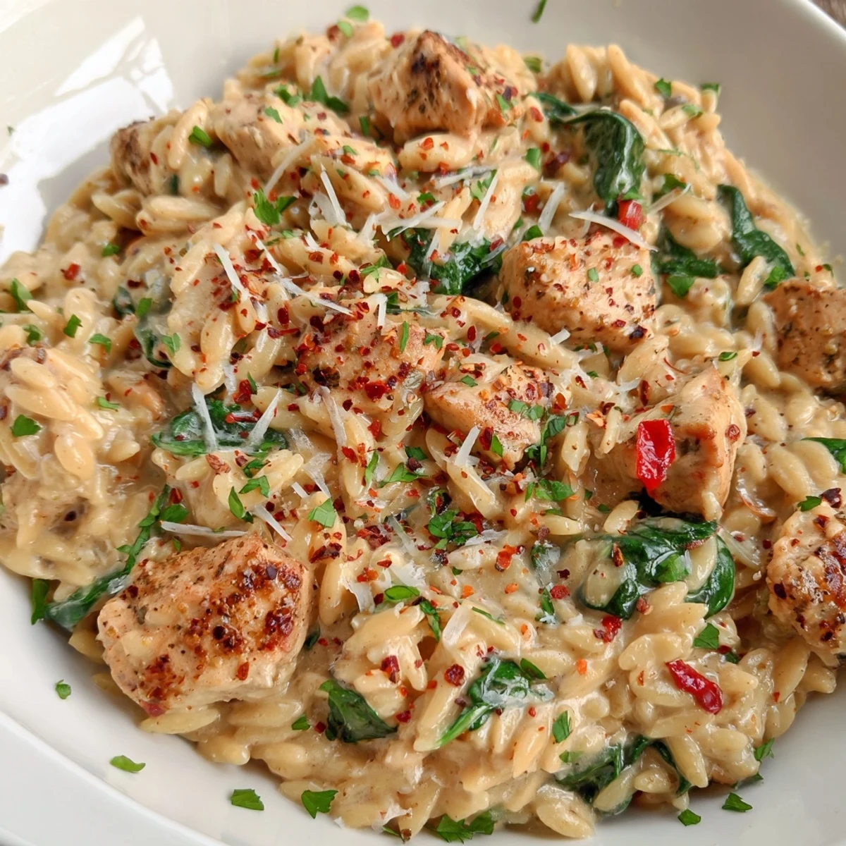 Steaming bowl of One Pot Cajun Chicken Alfredo Orzo topped with grated Parmesan and red pepper flakes