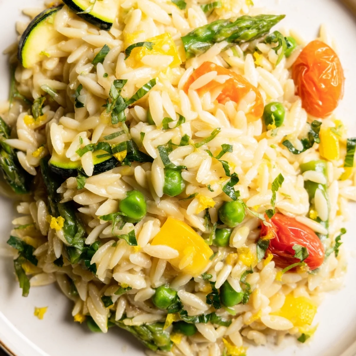 Creamy Orzo Primavera tossed with colorful spring vegetables in a bright lemon Parmesan sauce