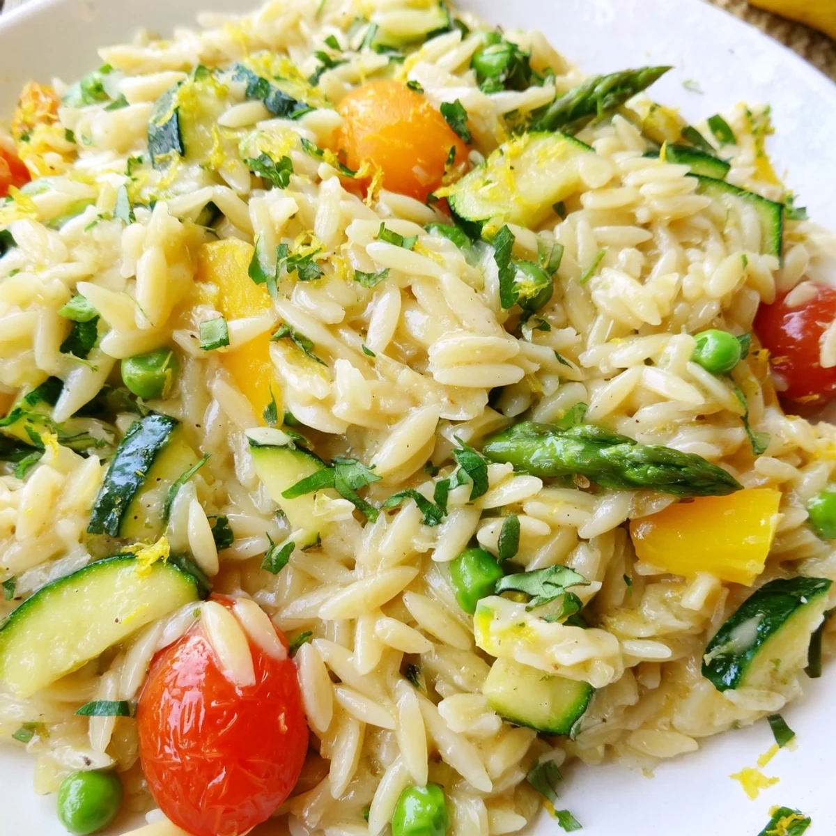 Tender orzo pasta mixed with vibrant zucchini asparagus and cherry tomatoes in white bowl