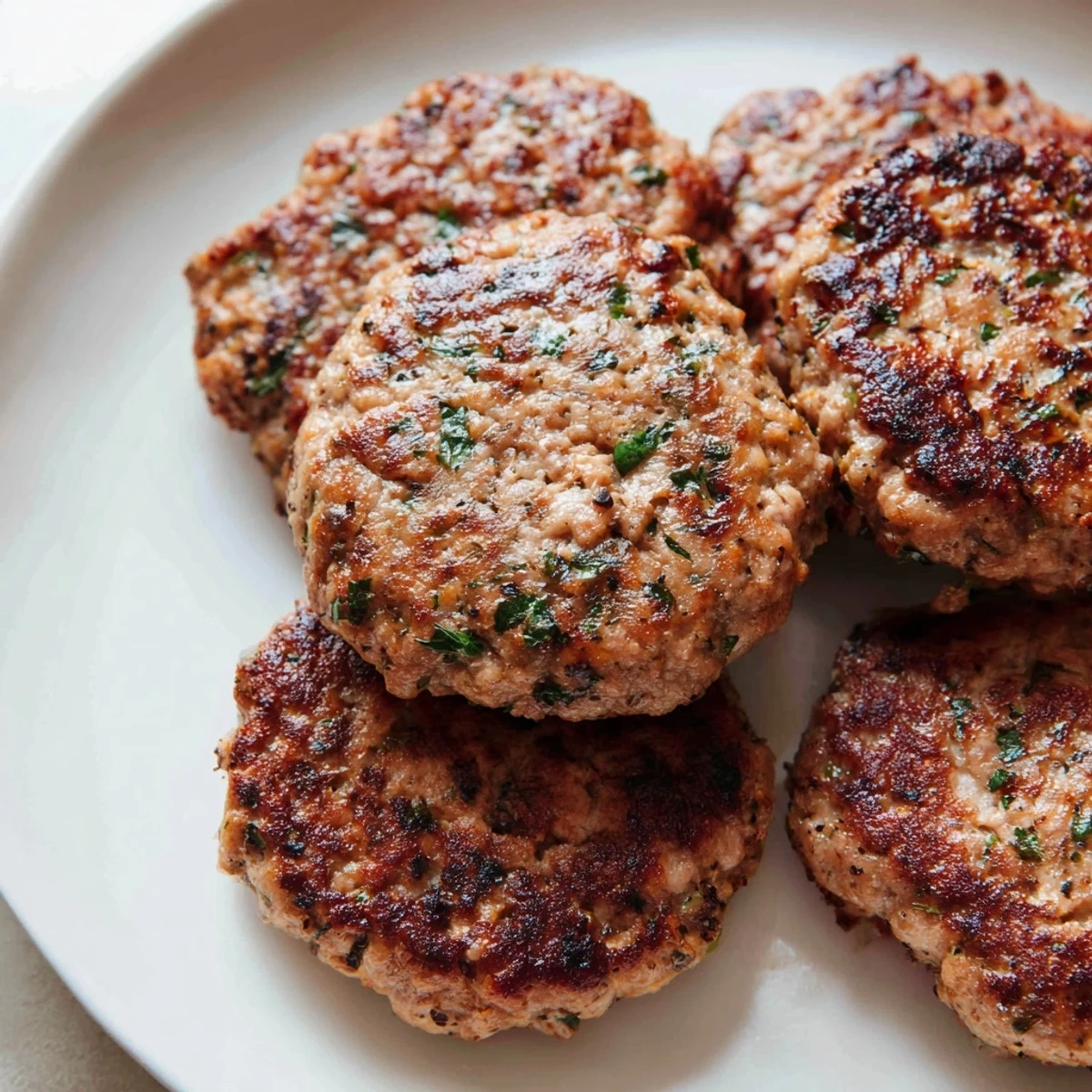 Golden brown ground turkey sausage patties sizzling in a cast iron skillet