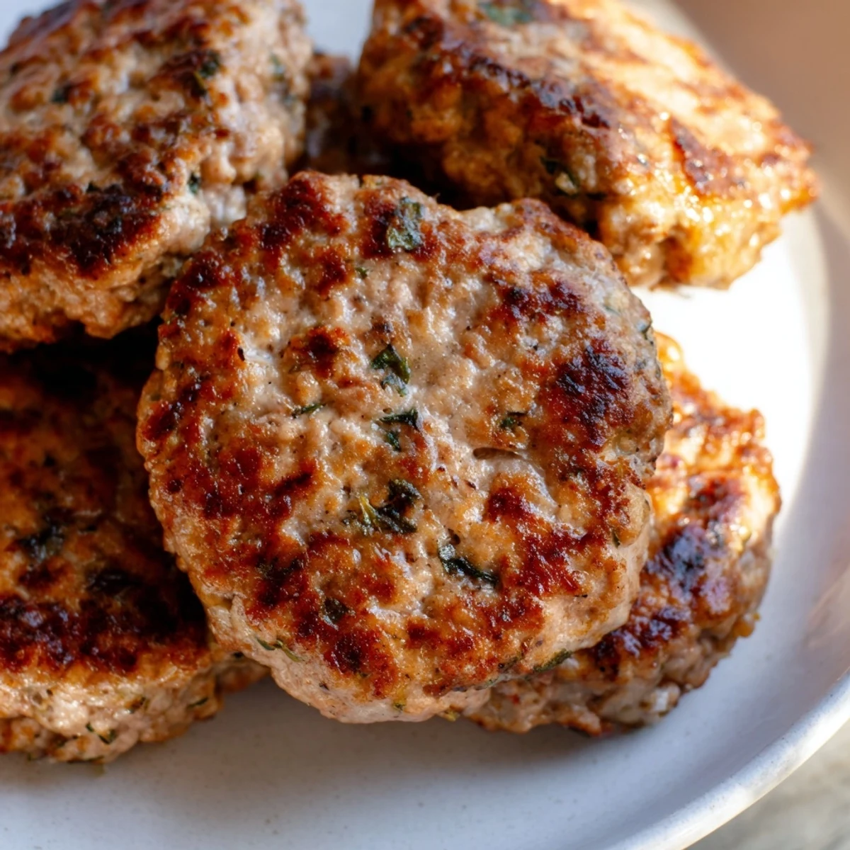 Homemade ground turkey sausage seasoned with sage and paprika on a breakfast plate