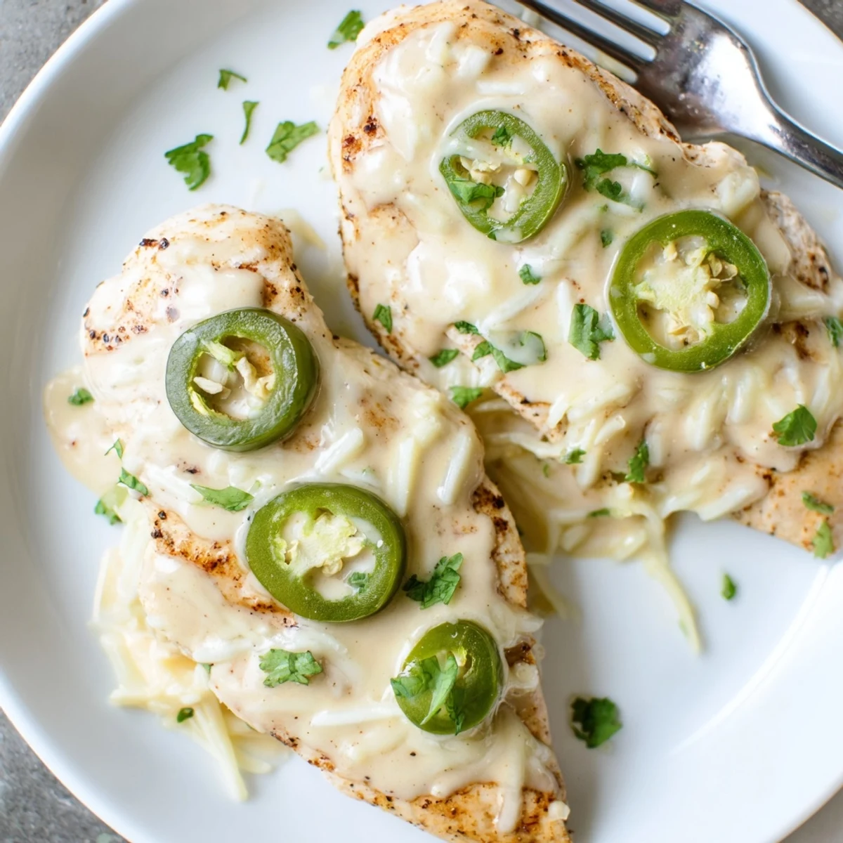 Golden seared jalapeno chicken breasts smothered in creamy melted cheese sauce with fresh cilantro garnish