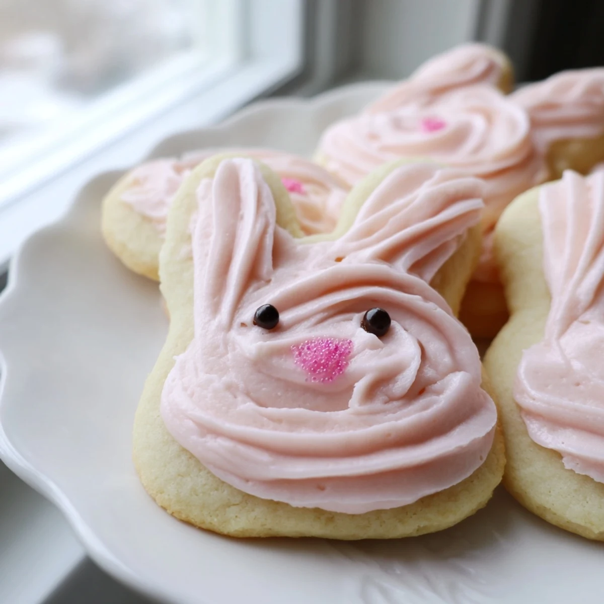 Adorable Buttercream Bunny Cookies with swirled pastel frosting on a rustic wooden serving board