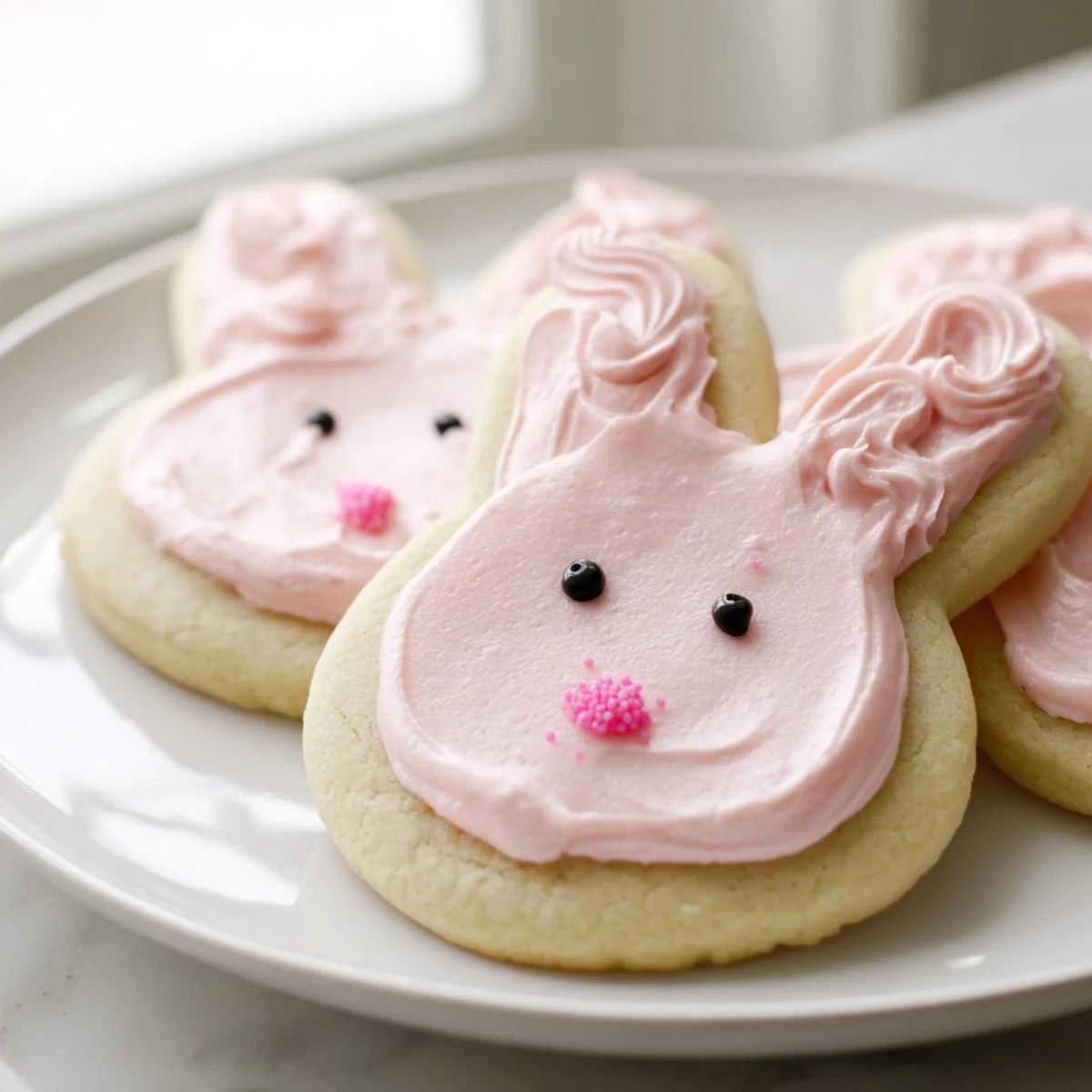 Golden Bunny Cookies topped with fluffy pink buttercream frosting and sweet candy eyes
