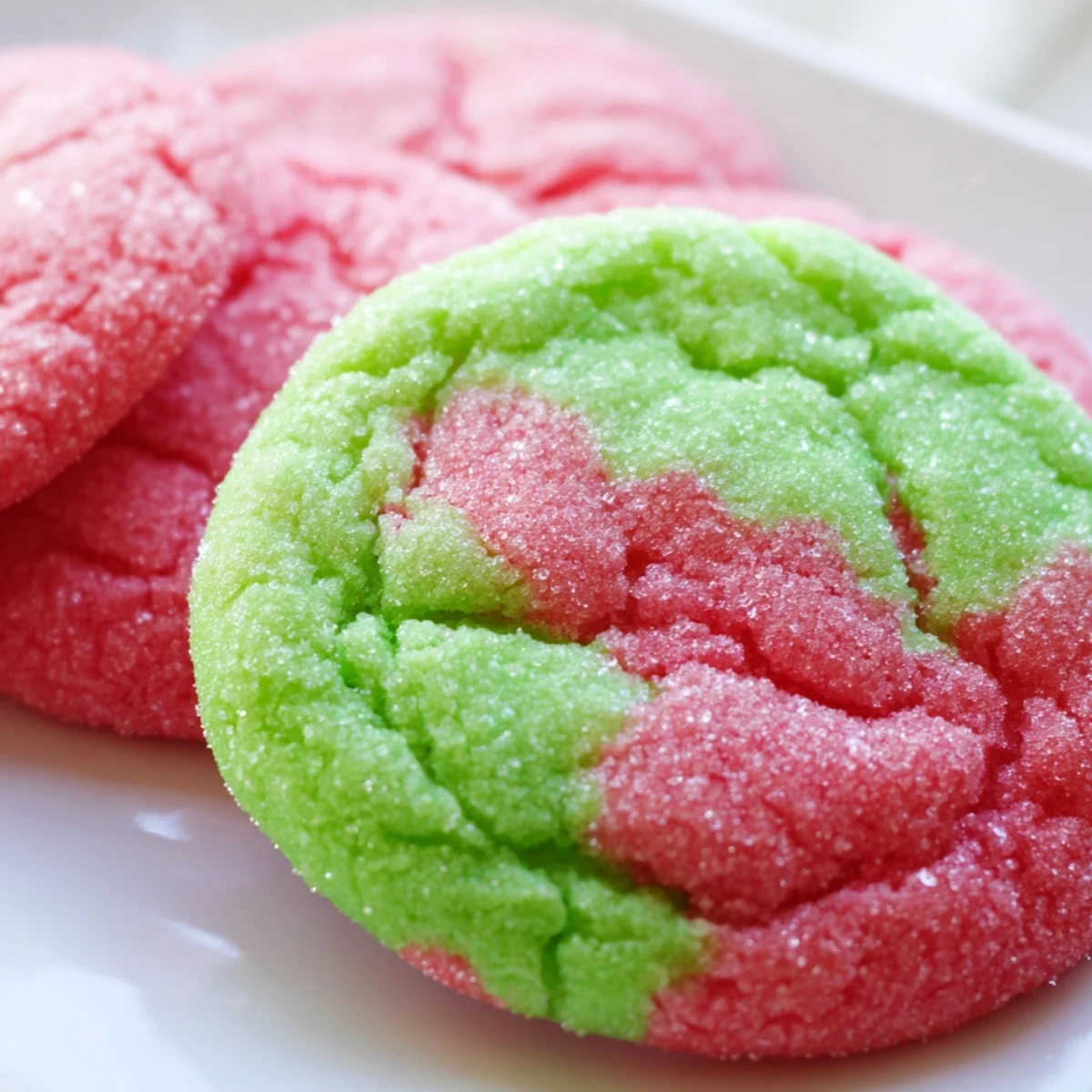 Colorful Jello sugar cookies with crackled sugar coating displayed on a white serving platter