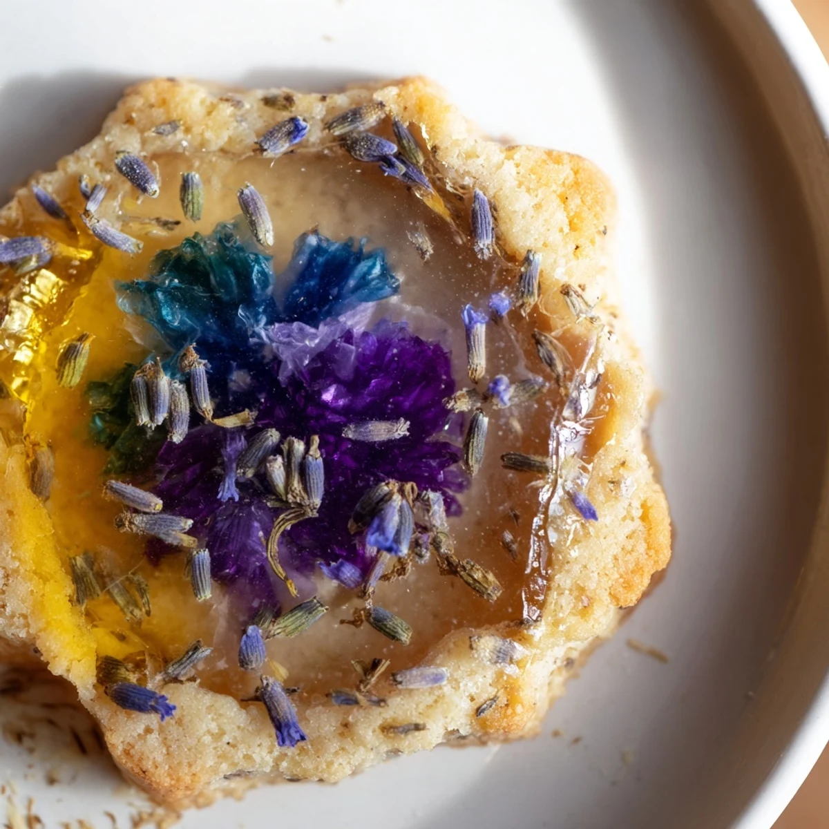 Golden Earl Grey Stained Glass Floral Cookies showcase melted candy centers with pressed edible flowers on a rustic parchment sheet.