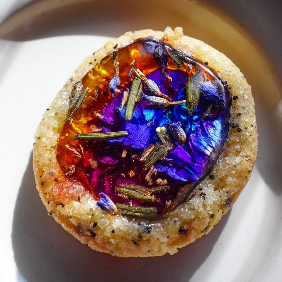 Delicate Earl Grey Stained Glass Floral Cookies with jewel-toned candy windows and scattered dried violet petals on a ceramic plate.