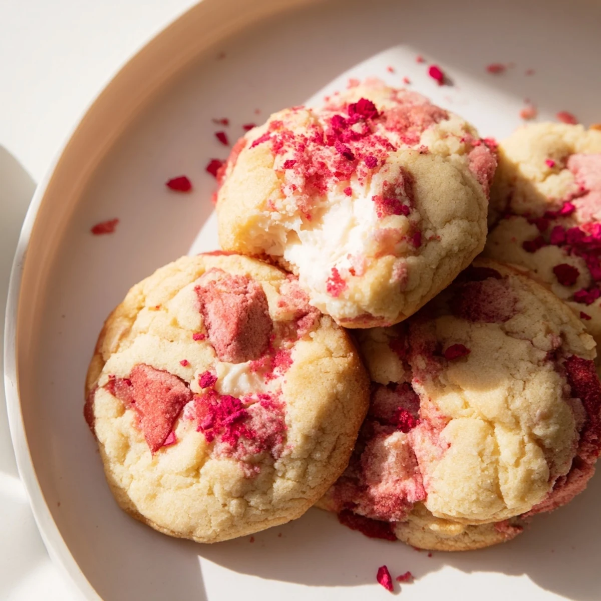 Soft strawberry cheesecake cookies with golden edges and creamy centers on rustic parchment paper