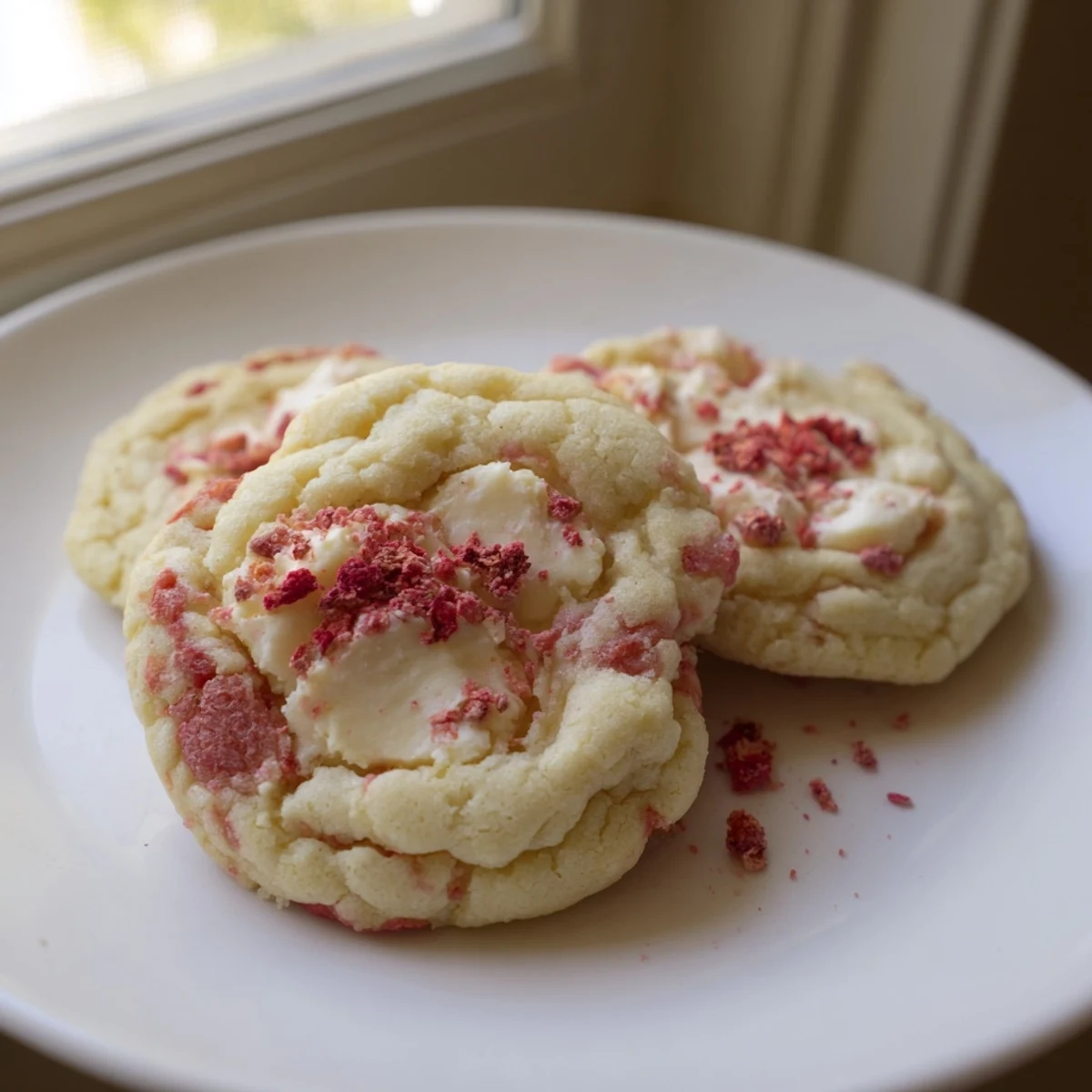 Chewy strawberry cheesecake cookies topped with crushed freeze-dried berries cooling on wire rack
