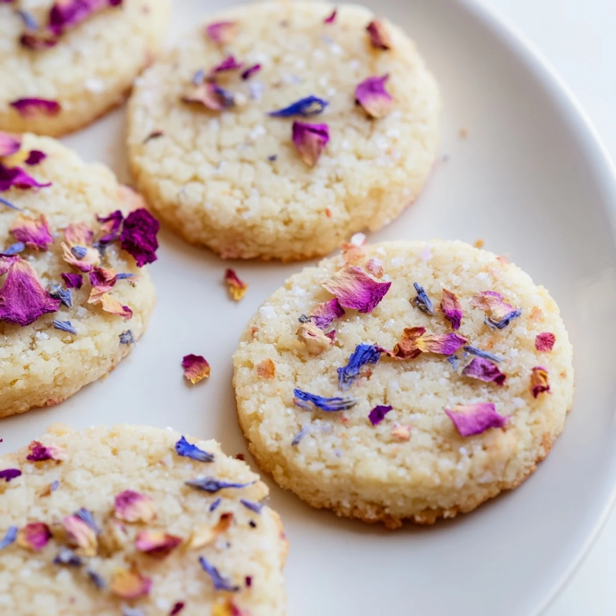 Soft buttery Spring Blossom Cookies adorned with violet petals and sparkling sugar crystals.