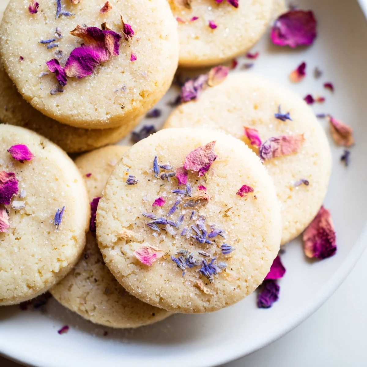 Golden Spring Blossom Cookies topped with colorful edible flowers on a rustic baking sheet.