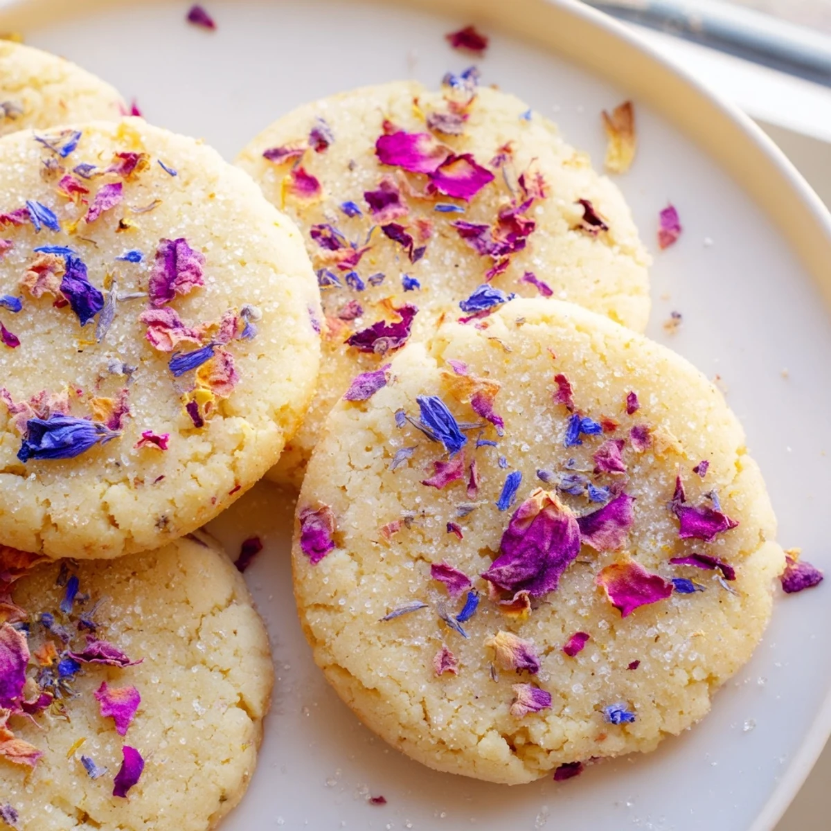 Delicate Spring Blossom Cookies arranged on a pastel plate beside a steaming teacup.