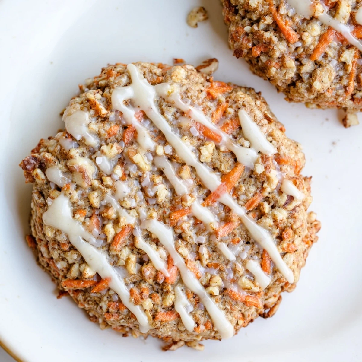 Soft carrot cake cookies with sweet cream cheese drizzle on rustic wooden surface