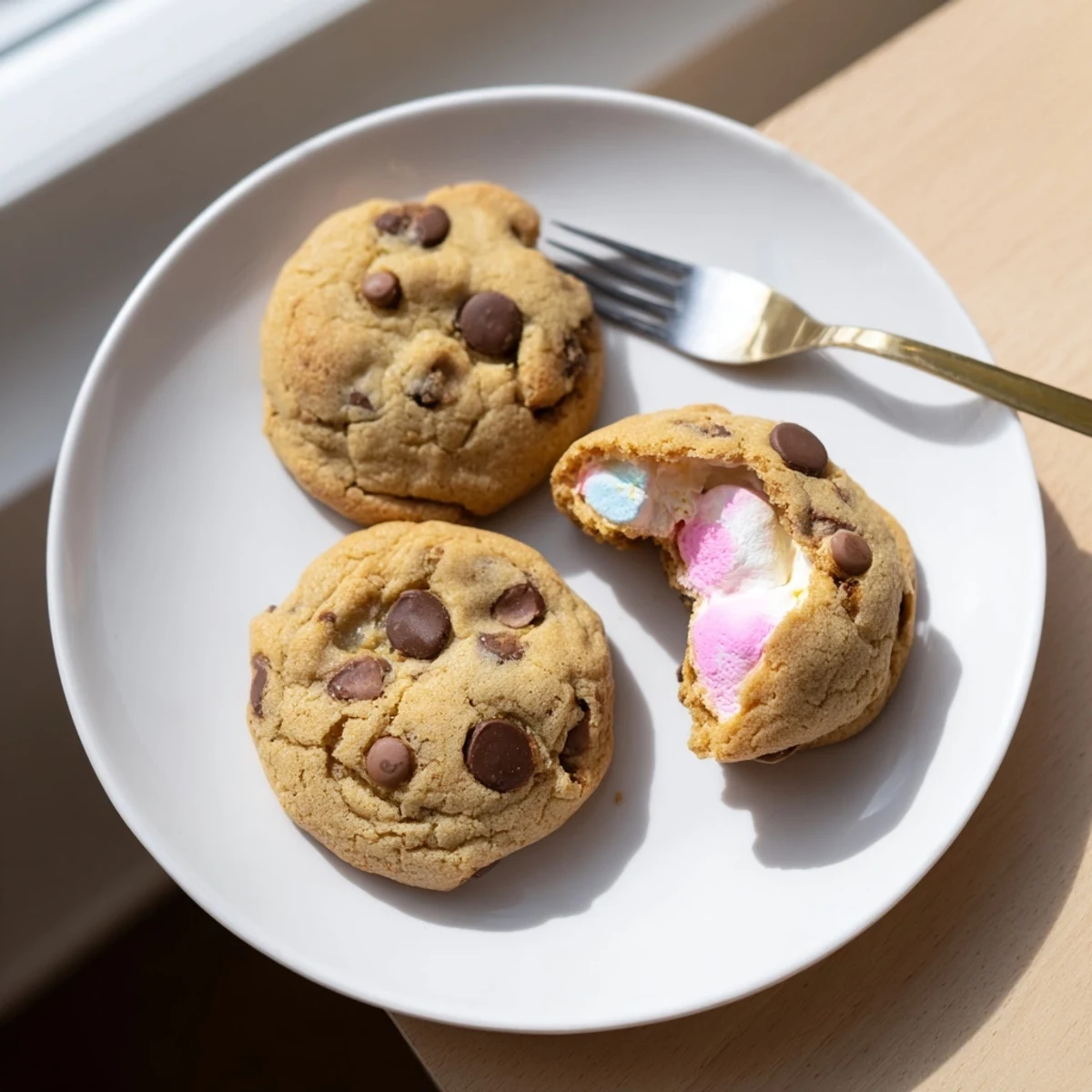 Soft Chocolate Chip Peep Stuffed Easter Cookies with gooey marshmallow centers on rustic baking sheet