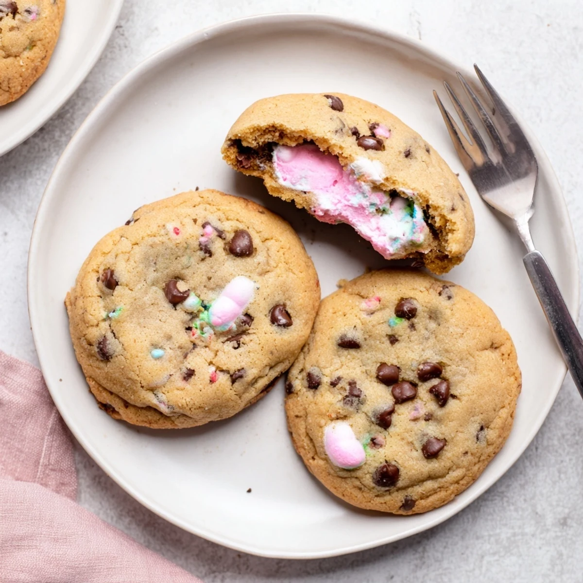Golden Chocolate Chip Peep Stuffed Easter Cookies revealing colorful melted marshmallow surprise inside