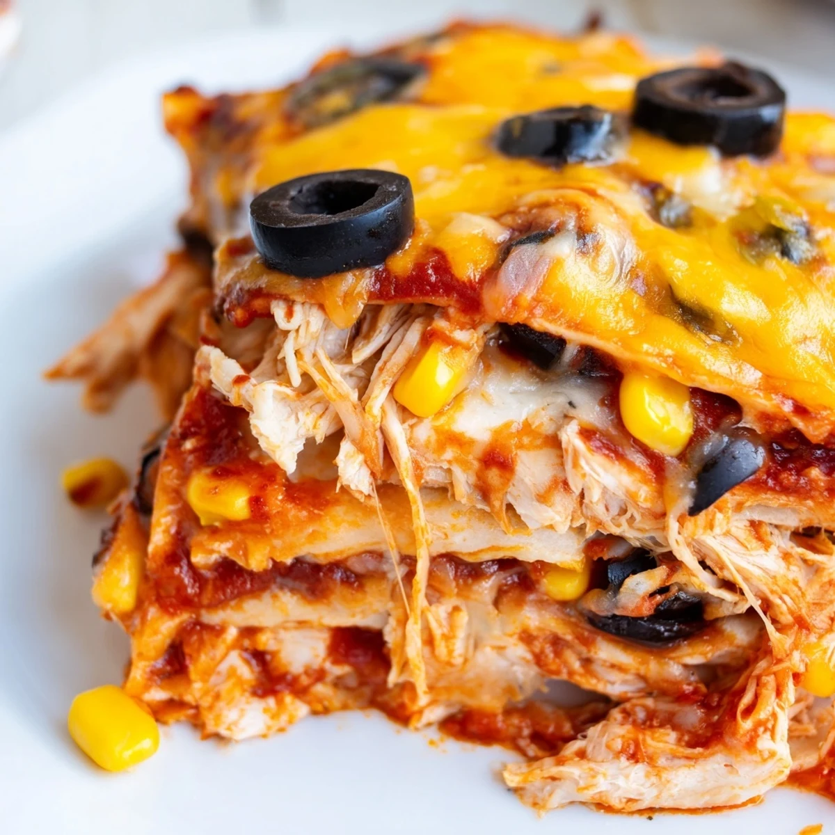 Golden bubbly cheese tops this cheesy shredded chicken enchilada bake fresh from the oven
