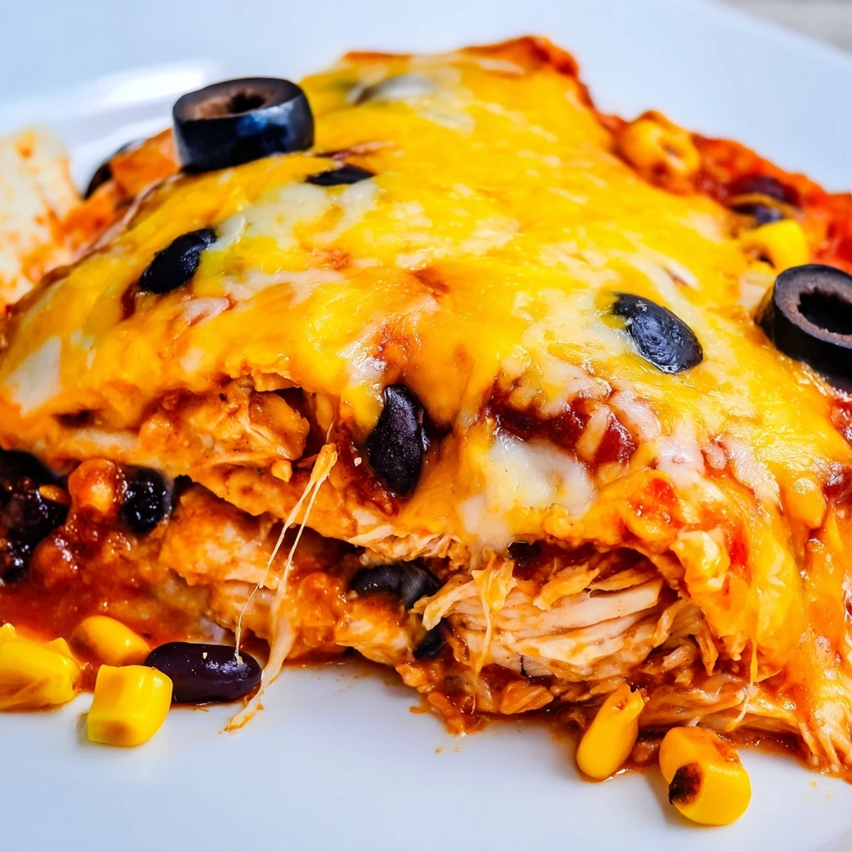 Warm cheesy shredded chicken enchilada bake casserole with melted cheese and colorful fresh toppings