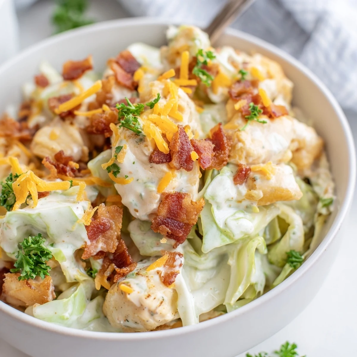Creamy chicken bacon ranch cabbage bowls topped with crispy bacon and fresh parsley garnish