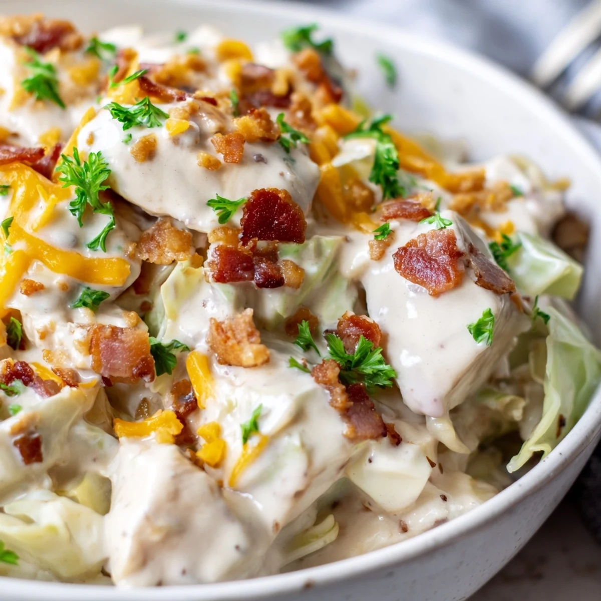 Tender chicken and crunchy cabbage coated in creamy ranch sauce served in rustic bowl