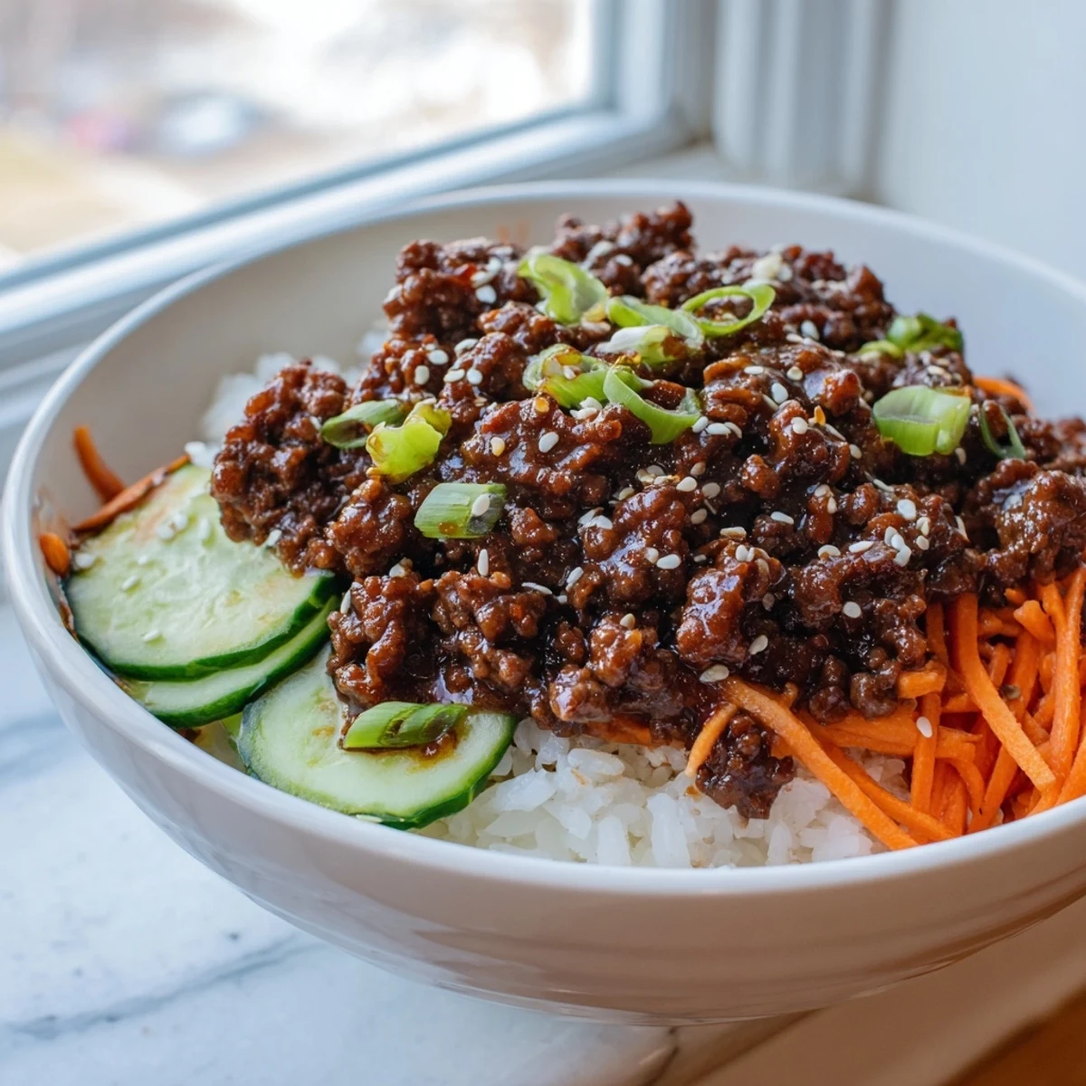 Savory Korean beef bowls with glistening glazed meat served over fluffy white steamed rice