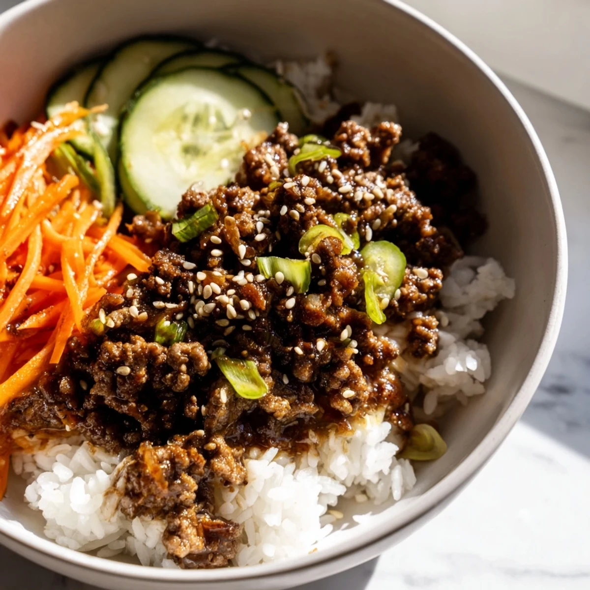 Korean beef bowls topped with crisp julienned carrots cucumber and toasted sesame seeds