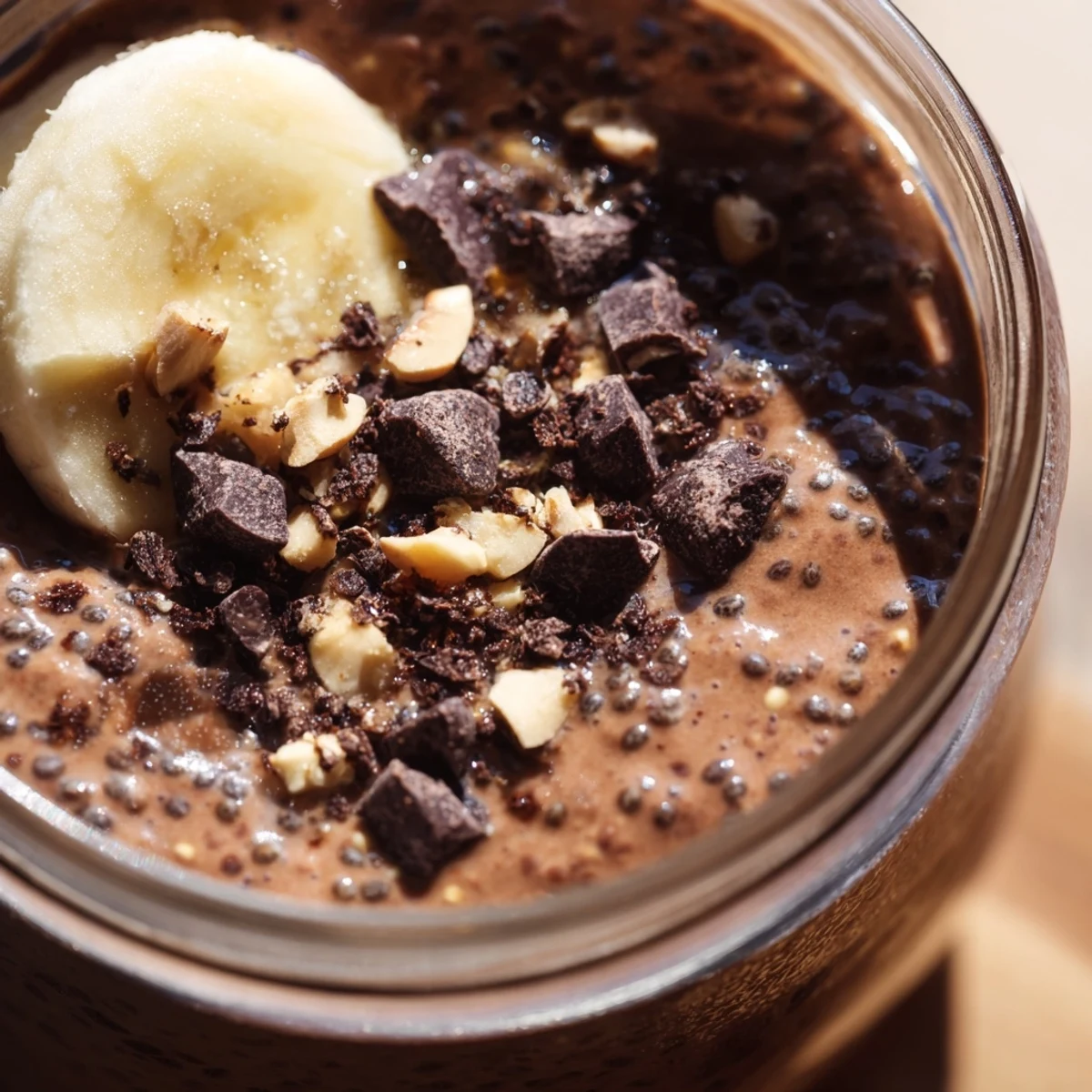 Creamy chocolate peanut butter overnight oats topped with chocolate chips and chopped peanuts in a mason jar