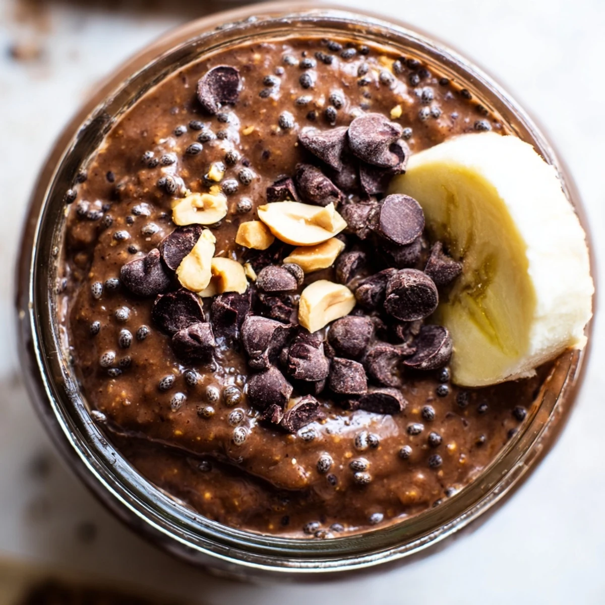Rich chocolate peanut butter overnight oats swirled with Greek yogurt and fresh banana slices