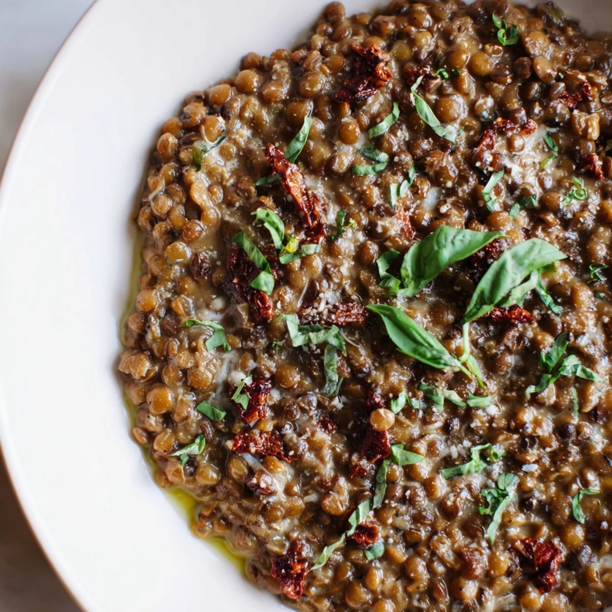 Steaming bowl of Marry Me Lentils coated in rich, velvety sun-dried tomato Parmesan sauce