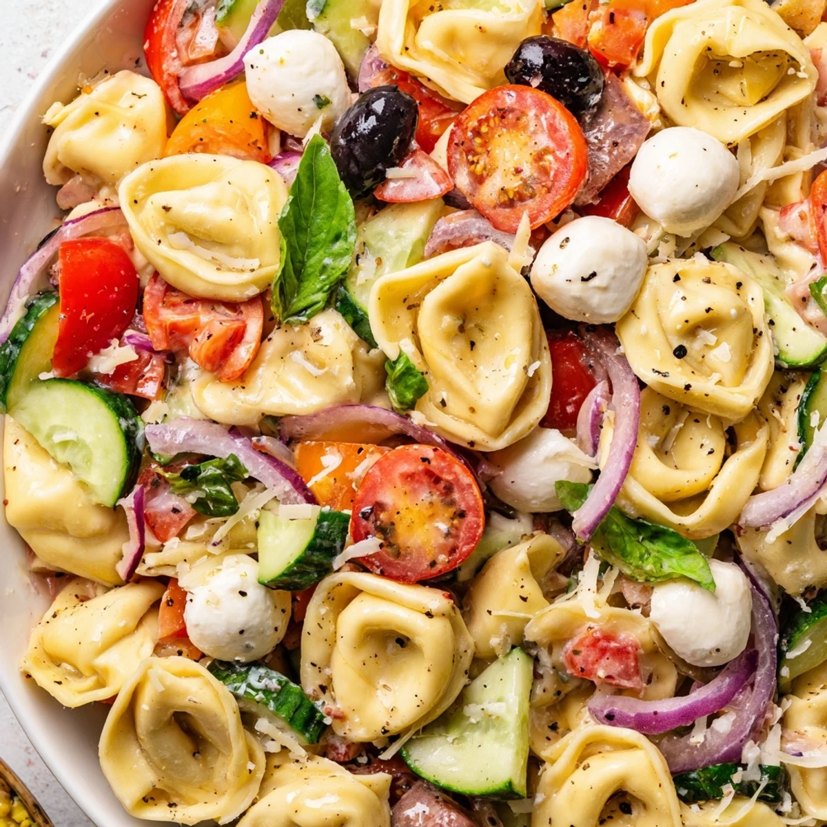 Colorful tortellini salad with cherry tomatoes, cucumber, and mozzarella tossed in zesty Italian dressing