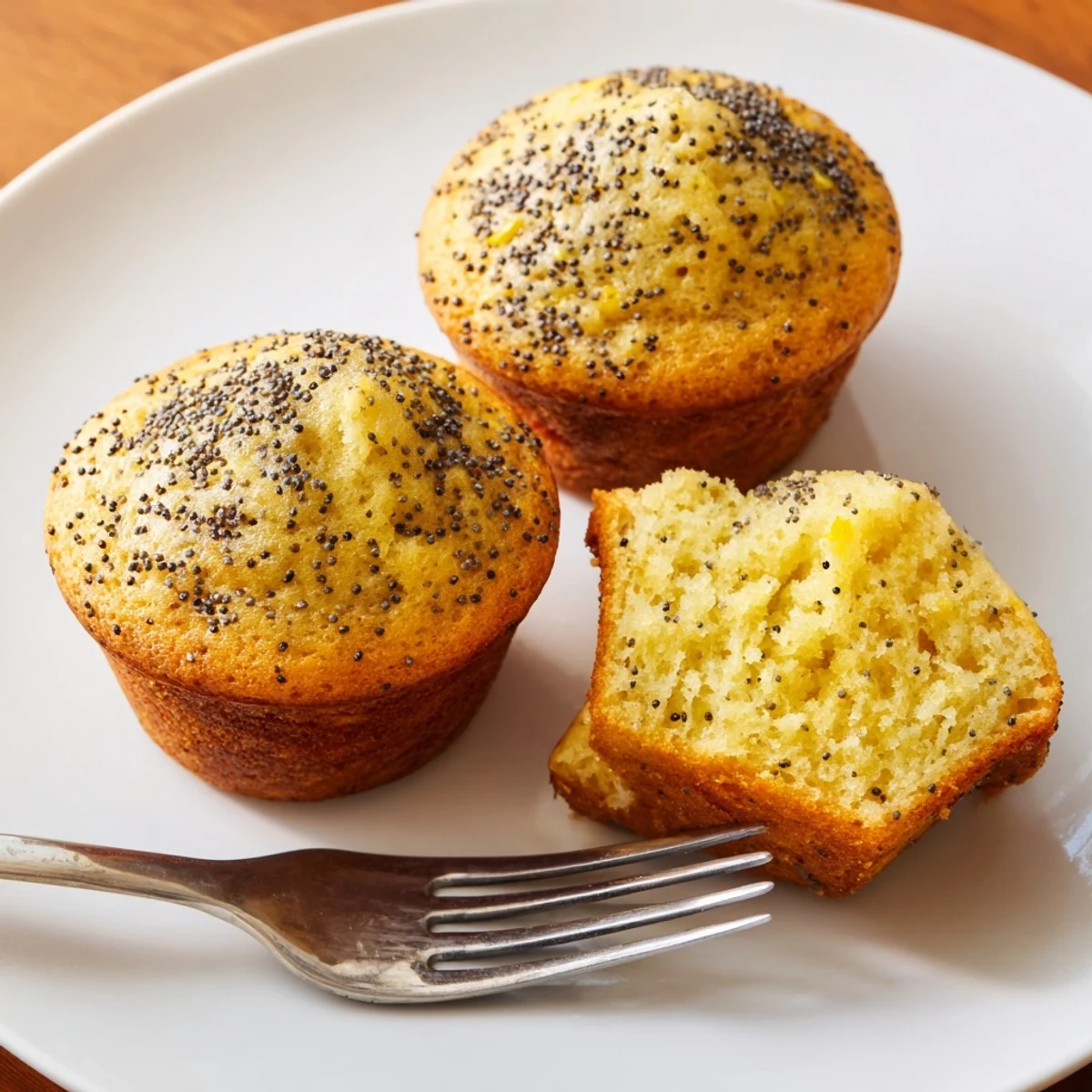 Golden lemon poppy seed muffins with domed tops served on a rustic white ceramic plate