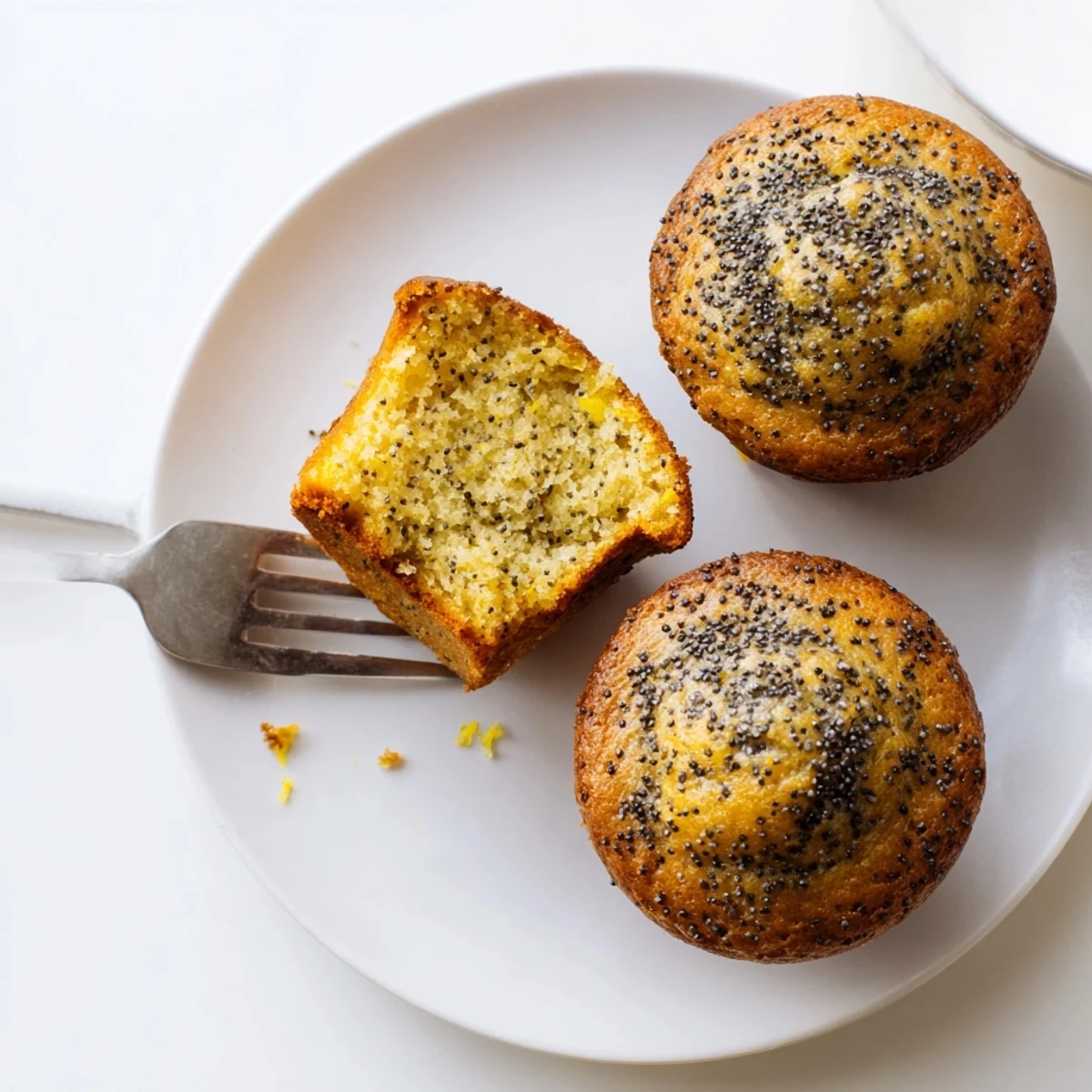 Moist lemon poppy seed muffins studded with speckled seeds beside a wedge of fresh citrus