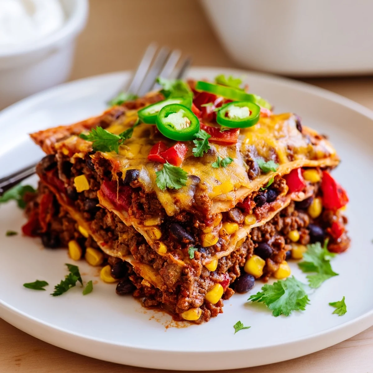 Golden bubbling Mexican lasagna with layers of seasoned beef, beans, and melted cheese