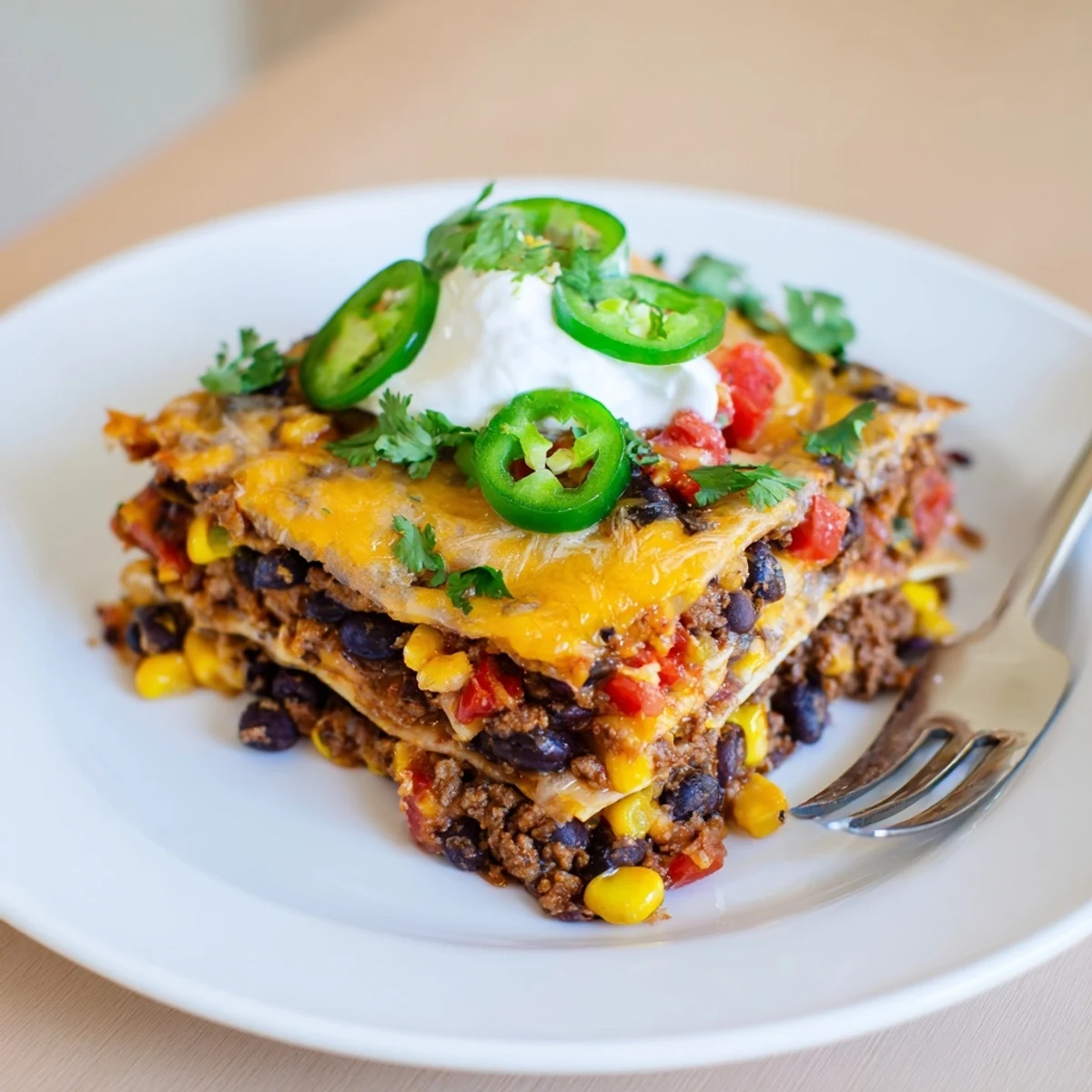 Steaming wedge of Mexican lasagna showing tortilla layers stacked with spiced beef and cheese
