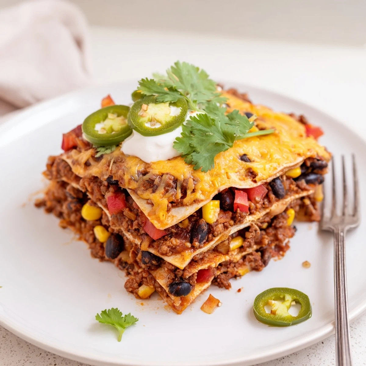 Mexican lasagna fresh from the oven with gooey cheese and colorful pepper flecks