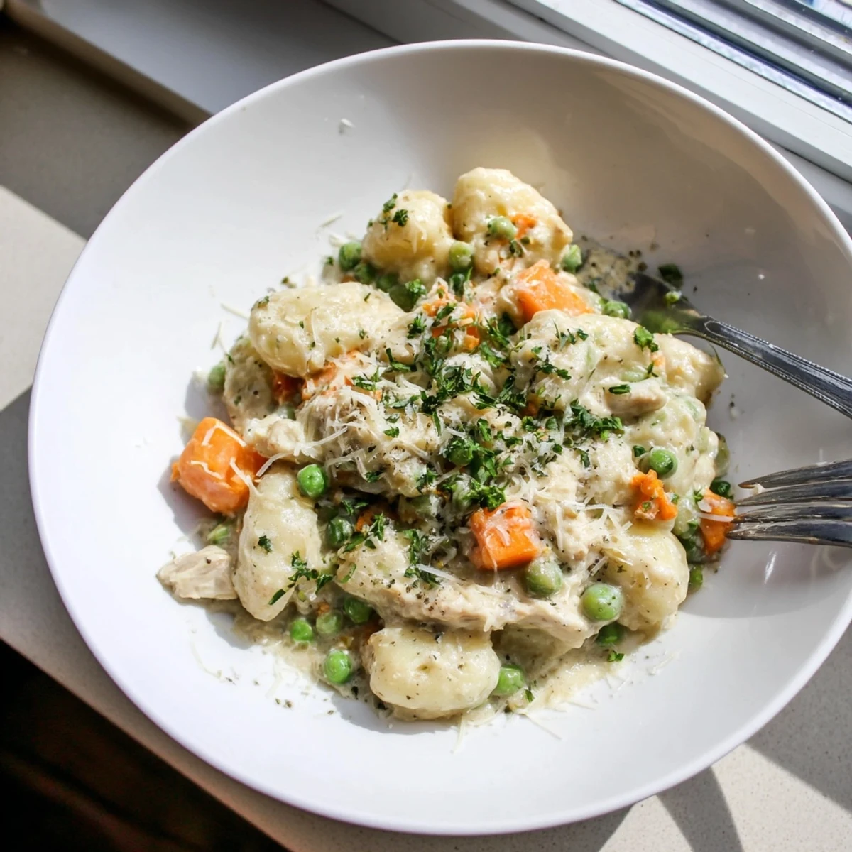 One Pot Gnocchi Chicken Pot Pie in a creamy sauce with tender vegetables and melted Parmesan