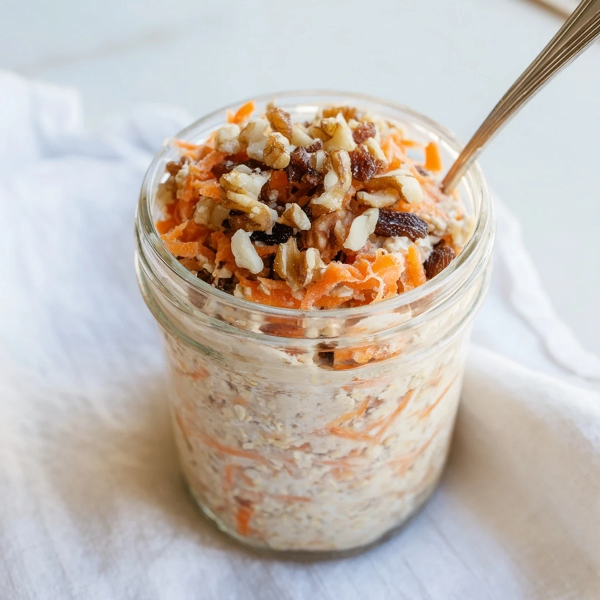 Carrot Cake Overnight Oats topped with chopped walnuts in a glass jar ready for breakfast