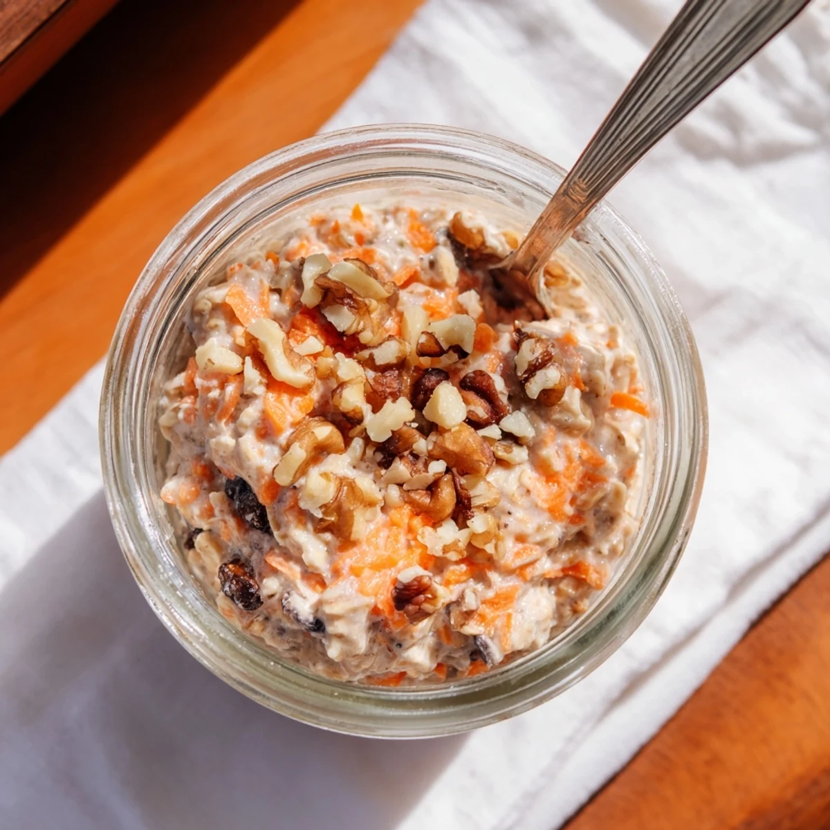 Creamy Carrot Cake Overnight Oats with grated carrots raisins and warm spices in bowl